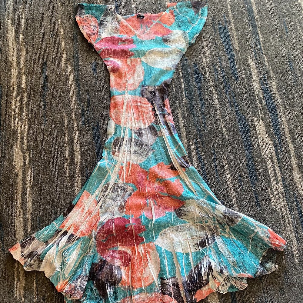 KOMAROV Flutter Sleeve Print Midi Dress Small